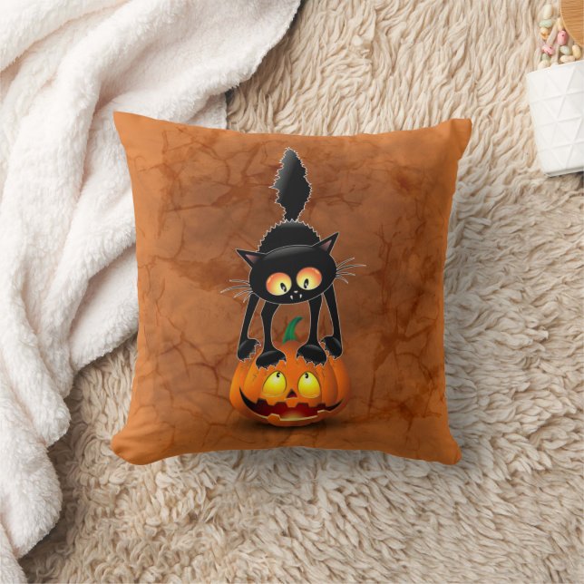 Cat Halloween Scared Cartoon on Pumpkin Throw Pillow (Blanket)