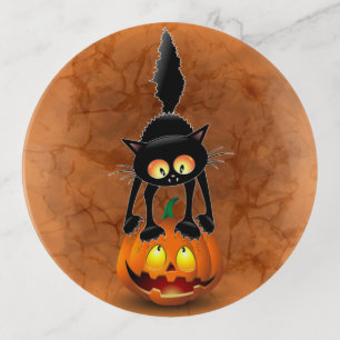Cat Halloween Scared Cartoon on Pumpkin Trinket Tray
