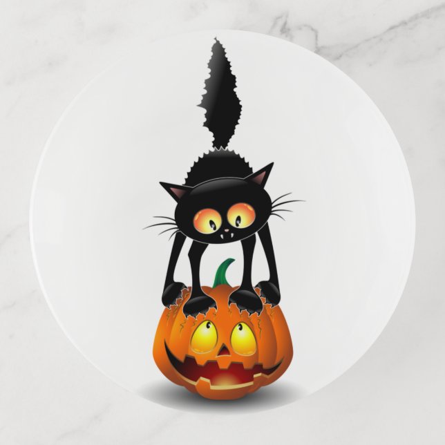 Cat Halloween Scared Cartoon on Pumpkin Trinket Tray (Front)