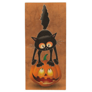Cat Halloween Scared Cartoon on Pumpkin Wood Flash Drive