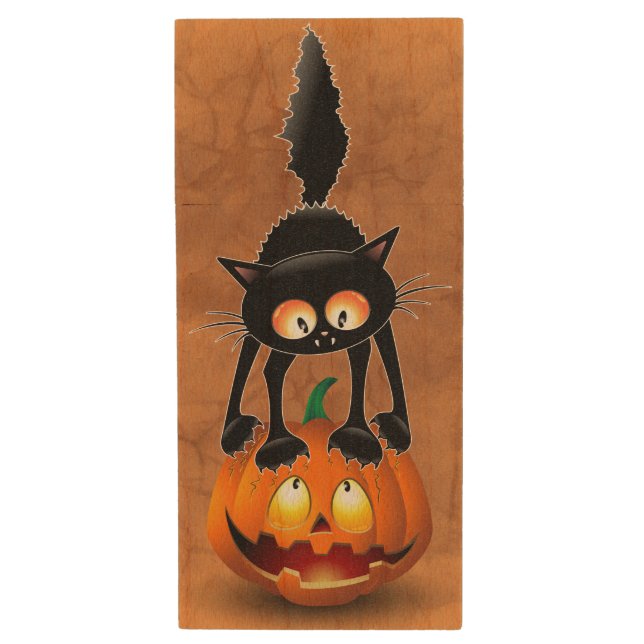 Cat Halloween Scared Cartoon on Pumpkin Wood Flash Drive (Front Vertical)