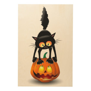 Cat Halloween Scared Cartoon on Pumpkin Wood Wall Art