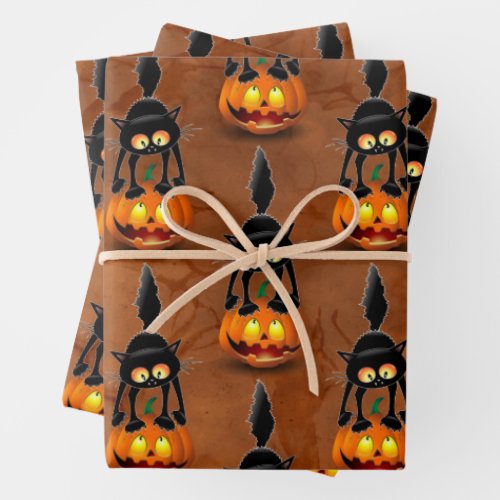 Cat Halloween Scared Cartoon on Pumpkin Wrapping Paper Sheets