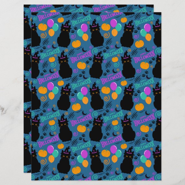 Cat Halloween Scrapbook Paper in Blue (Front/Back)