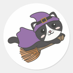 Cat Halloween Witch Kids Witch Costume Classic Rou Round Sticker