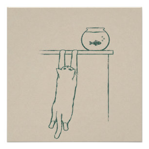 Cat Hanging Off Shelf Stalking Goldfish Bowl – Fun Poster