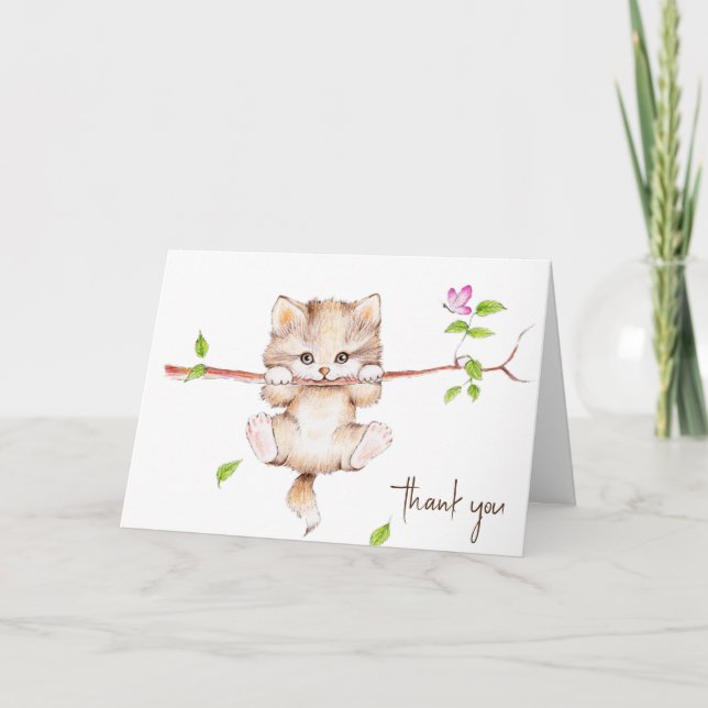 Cat Hanging on Branch Thank You Card (Front)