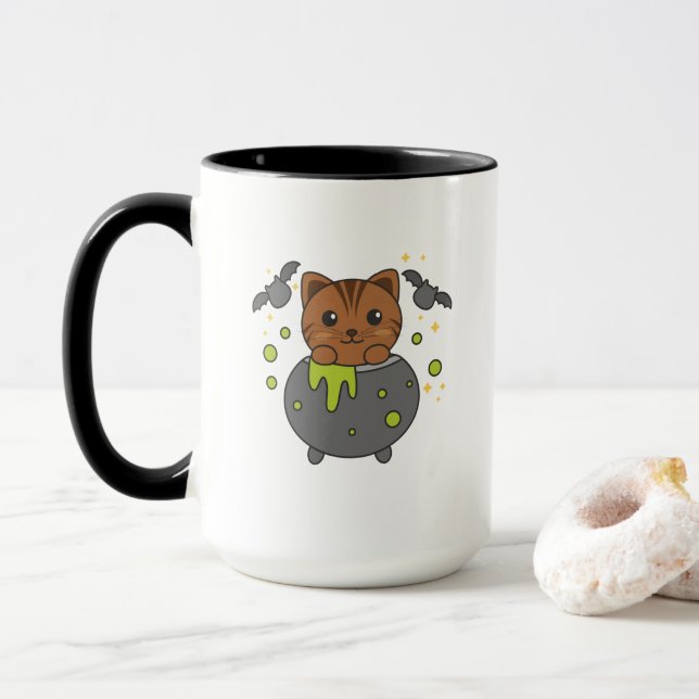 Cat Happy Halloween Cauldron Bat Mug (With Donut)