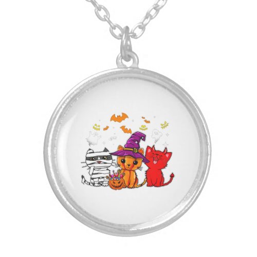 Cat Happy halloween Cute mummy witch demon Silver Plated Necklace