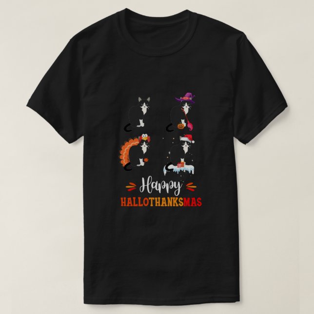 Cat Happy Halloween Thanksgiving Christmas Halloth T-Shirt (Design Front)