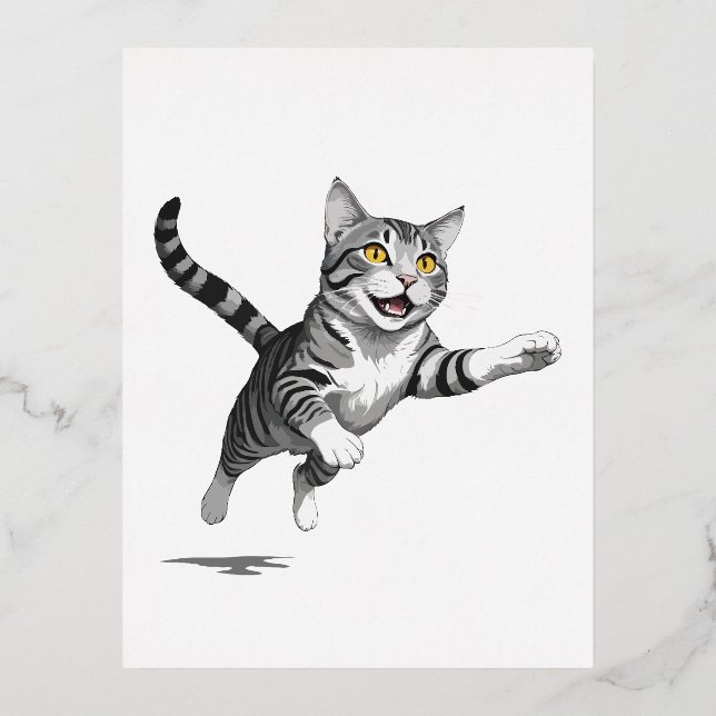 Cat Happy Playful Fun Jumping In The Air Joyful Foil Holiday Postcard (Front)