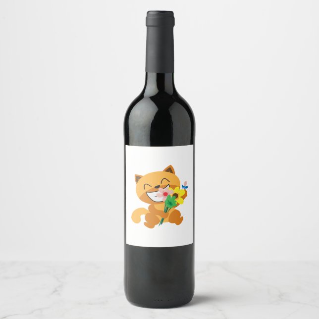 Cat Happy Sweat Cat Flowers Funny Gift Idea Wine Label (Front)