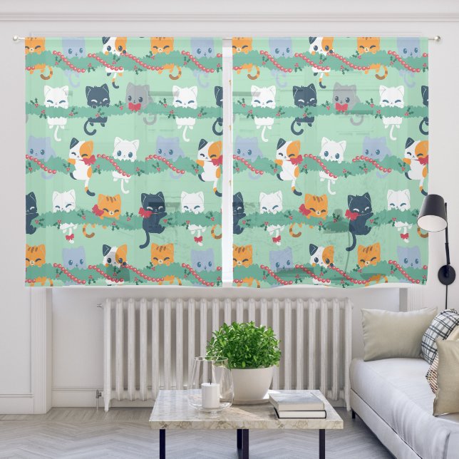 Cat Happy White Green Garland Sheer Curtains (Living Room)
