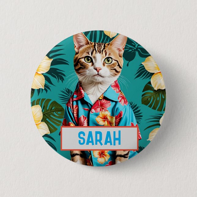 Cat Hawaiian Shirt Button – Custom Name Tiki Style (Front)