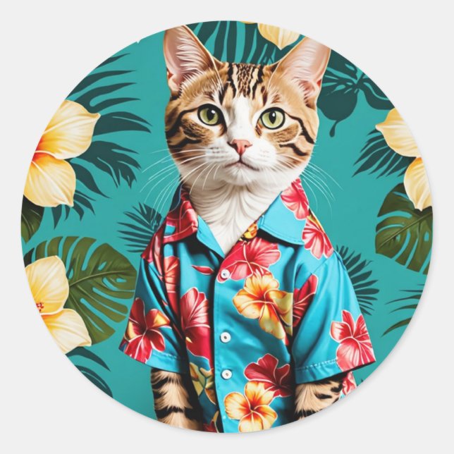 Cat Hawaiian shirt Sticker, cat lover Classic Round Sticker (Front)