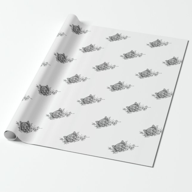Cat Head Jasmine Flower Tattoo Wrapping Paper (Unrolled)