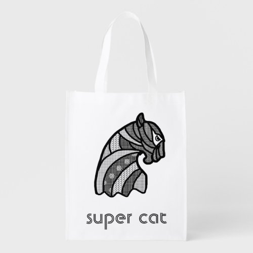 Cat Head With Boho Ornaments Black and White Grocery Bag