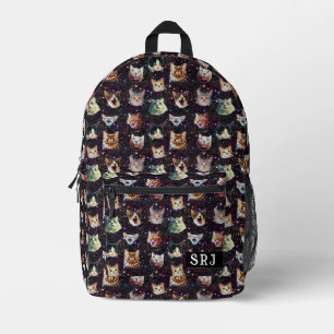 Cat Heads in Outer Space Funny Galaxy Monogrammed Printed Backpack