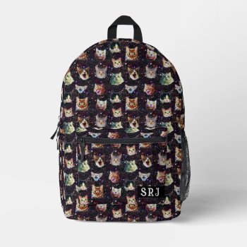 Cat Heads In Outer Space Funny Galaxy Monogrammed Printed Backpack by LaborAndLeisure at Zazzle