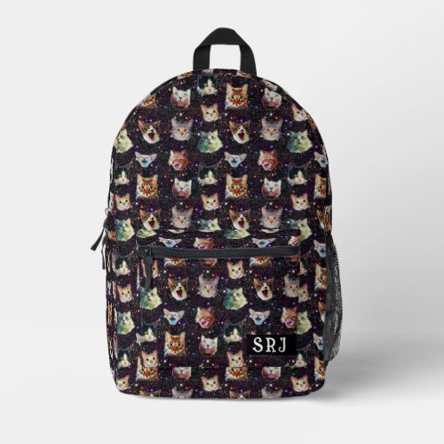 Cat Heads in Outer Space Funny Galaxy Monogrammed Printed Backpack