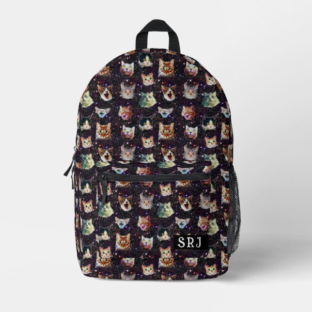 Cat Heads in Outer Space Funny Galaxy Monogrammed Printed Backpack (Front)