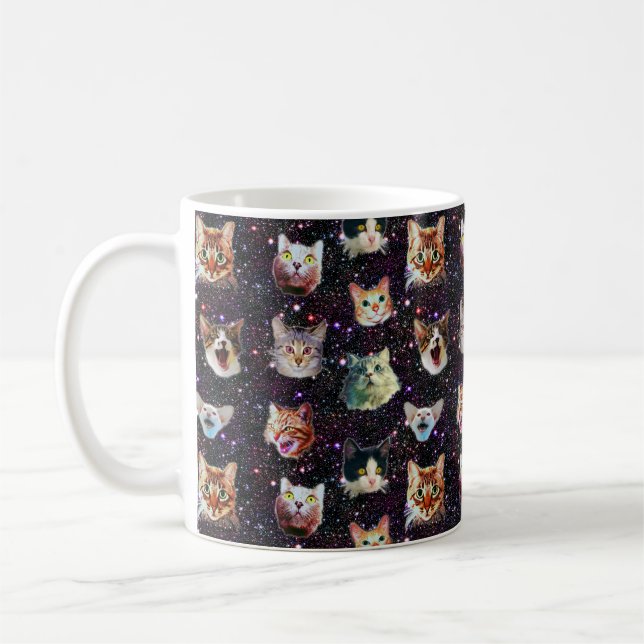 Cat Heads in Outer Space Funny Galaxy Pattern Coffee Mug (Left)
