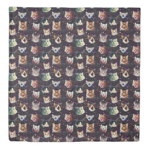 Cat Heads in Outer Space Funny Galaxy Pattern Duvet Cover