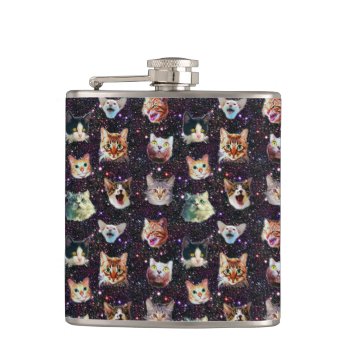 Cat Heads In Outer Space Funny Galaxy Pattern Flask by LaborAndLeisure at Zazzle