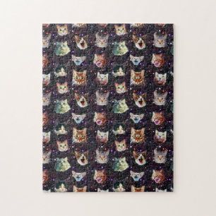 Cat Heads in Outer Space Funny Galaxy Pattern Jigsaw Puzzle