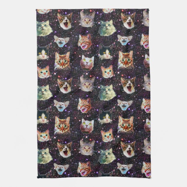 Cat Heads in Outer Space Funny Galaxy Pattern Kitchen Towel (Vertical)