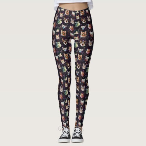 Cat Heads in Outer Space Funny Galaxy Pattern Leggings