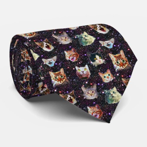 Cat Heads in Outer Space Funny Galaxy Pattern Neck Tie