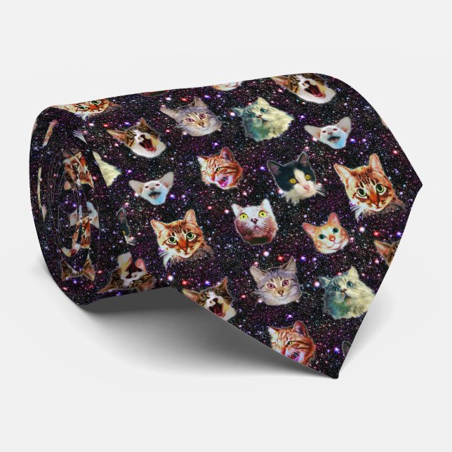 Cat Heads in Outer Space Funny Galaxy Pattern Neck Tie (Rolled)