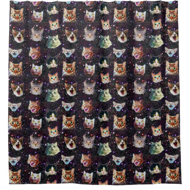 Cat Heads in Outer Space Funny Galaxy Pattern Shower Curtain (Front)