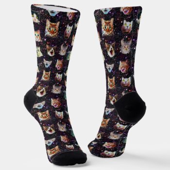 Cat Heads In Outer Space Funny Galaxy Pattern Socks by LaborAndLeisure at Zazzle