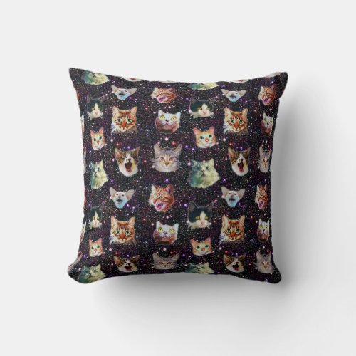 Cat Heads in Outer Space Funny Galaxy Pattern Throw Pillow
