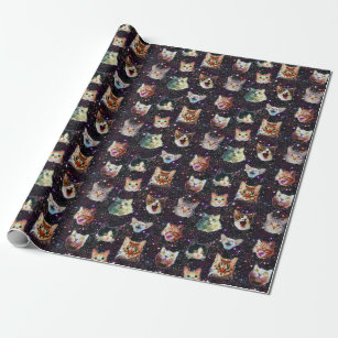 Cat Heads in Outer Space Funny Galaxy Pattern Wrapping Paper