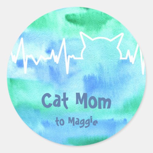 Cat Heartbeat for Cat Moms Cat Dads watercolor Classic Round Sticker
