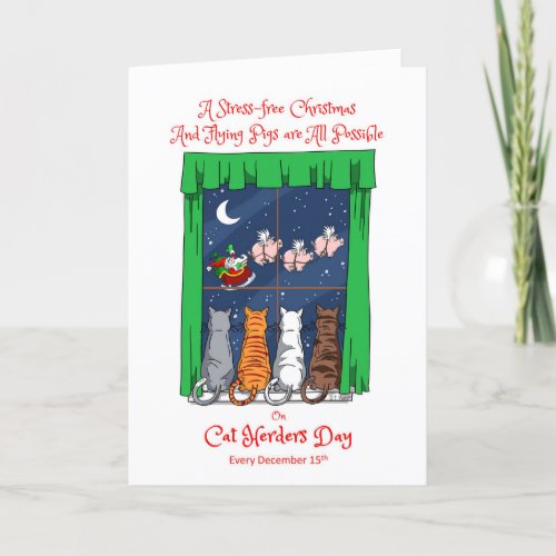 Cat Herders Day December 15 Santa with Flying Pigs Holiday Card