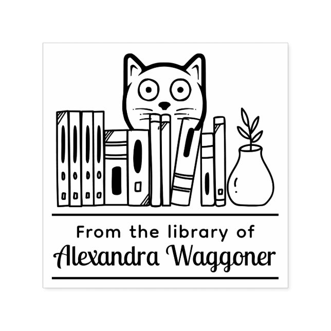 Cat Hiding Behind Books “from the Library of” Self-inking Stamp (Design)