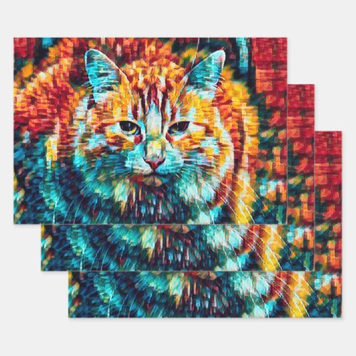 Cat Hippie Colorful Orange Psychedelic Groovy Art Wrapping Paper Sheets