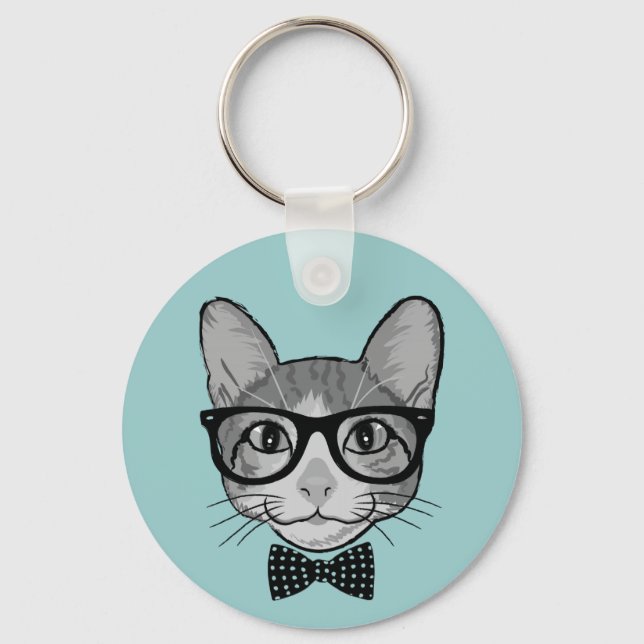 Cat Hipster with Polka Dots Bow Tie Keychain (Front)