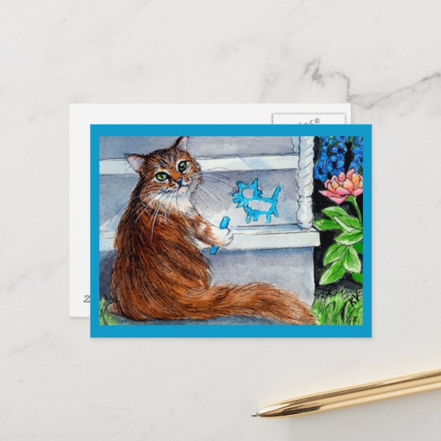 Cat hobo sign, kind lady lives here postcard (Front/Back In Situ)