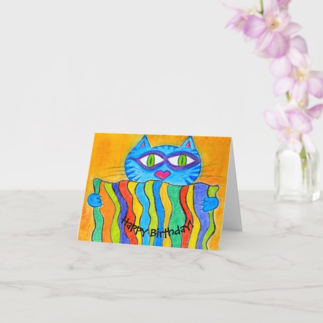 Cat holding a rainbow blanket card (Orchid)