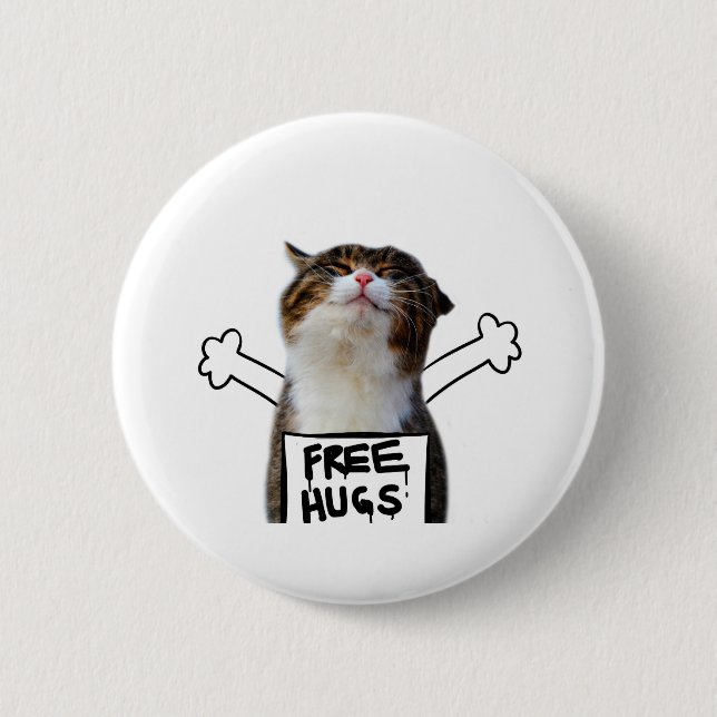 Cat Holding Free Hugs Sign Button (Front)
