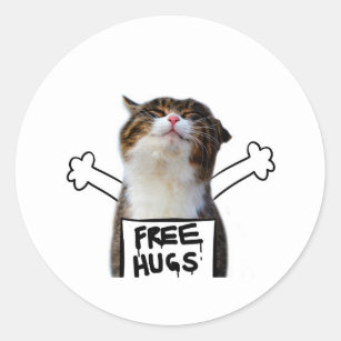 Cat Holding Free Hugs Sign Classic Round Sticker
