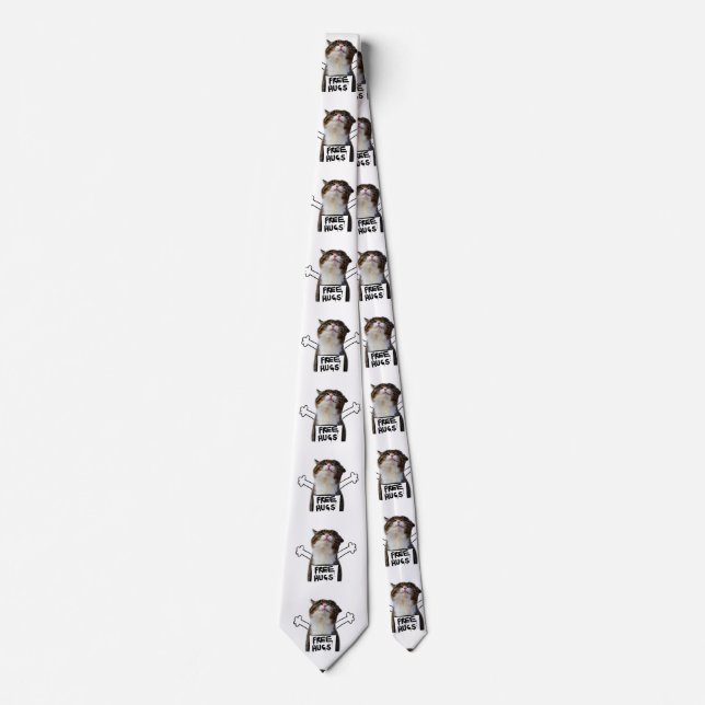 Cat Holding Free Hugs Sign Neck Tie (Front)