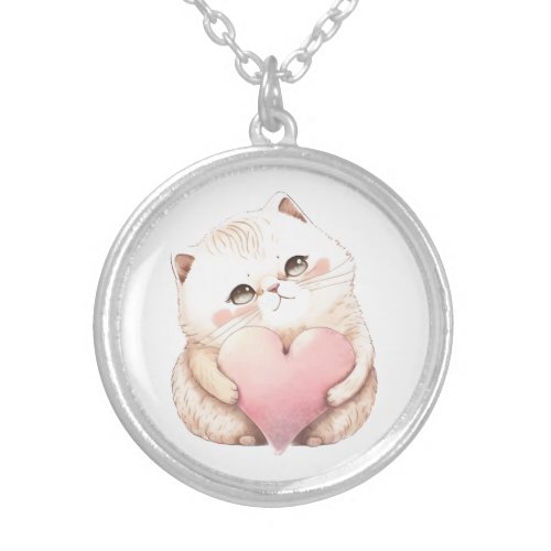 Cat Holding Heart Necklace Kitten Pendant