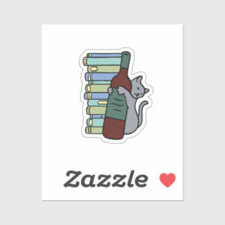 Cat Holding Wine Leaning on Books Sticker