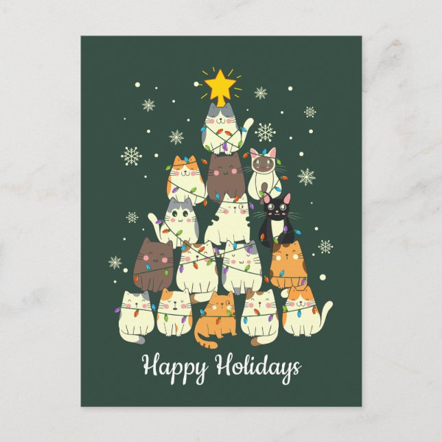 Cat Holiday Christmas Tree Cute Lights Postcard (Front)